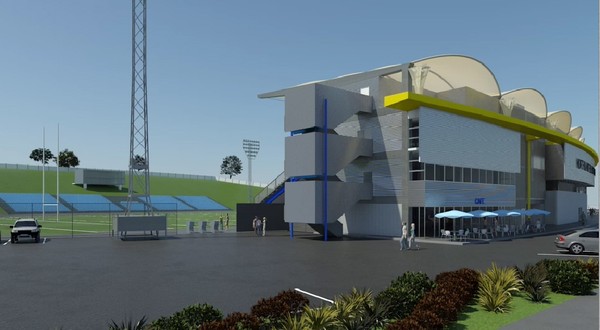 A computer-generated image of the Northland Events Centre as it will look from the city end of Okara Drive.  The Events Centre is currently under construction at Okara Park in Whangarei